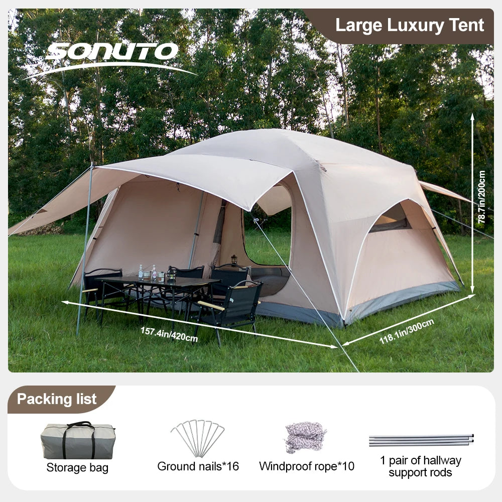 Sonuto Double-Layer Family Camping Tent – 2-Room Waterproof Tent for 3–12 People (4 Sizes)