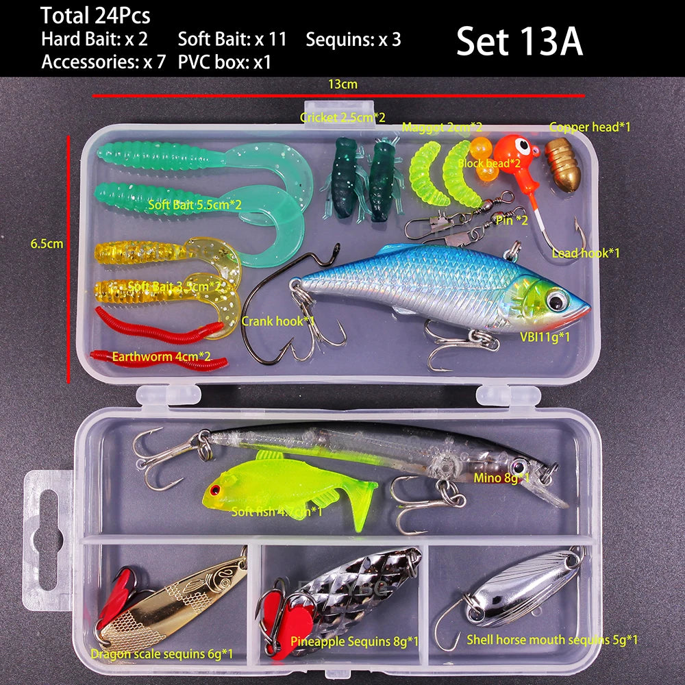 Big Mixed Fishing Lure Set Soft Hard Bait Kit Artificial Bionic Minnow Swing Metal Jig Spoon