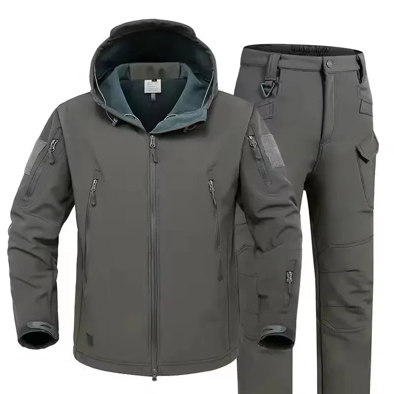 Winter Thicken Men Camo Suit Waterproof Tactical Training Set Multi-pocket Hooded Jacket Fleece Pants Outdoor Hunting 2-piece