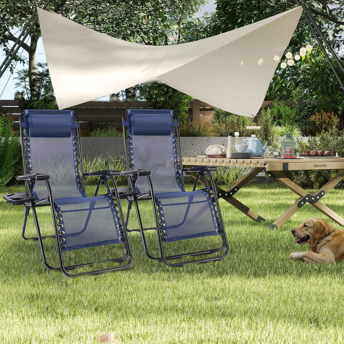 Zero Gravity Recliner Chairs Set of 2 — Portable Folding Lounge Chairs with Cup Holder Tray & Headrest