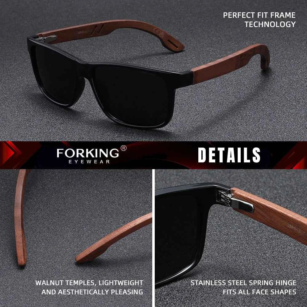 FORKING W5508 Walnut Wood Sunglasses – TAC Polarized, Anti-Reflective, UV400, Rectangle, Unisex