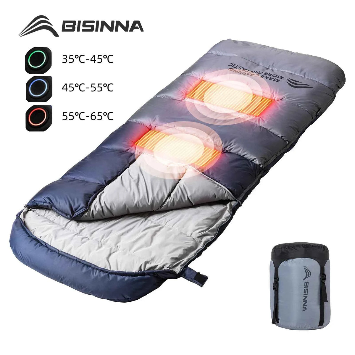 Bisinna SL096 Heated Sleeping Bag – USB Electric, 3-Heat Zones, 0°C to -10°C, Hooded Envelope, Adult