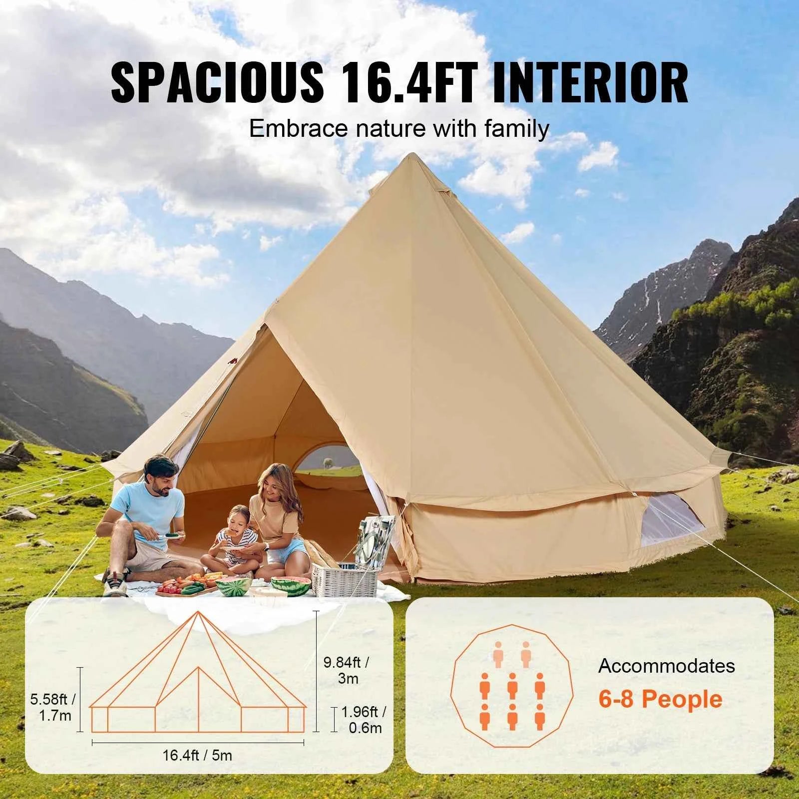SucceBuy Canvas Bell Tent 4 Seasons 3/4/5/6/7m Yurt Tent Canvas Tent for Camping with Stove Breathable Tent Holds up to 8People