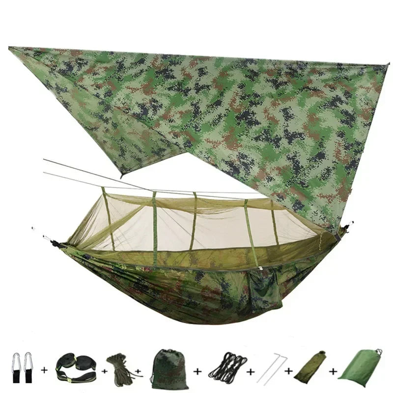 Double Camping Hammock with Mosquito Net, Rain Fly &amp; Tree Straps – 2 Person | 210T Nylon | 600 lb | 3000mm Rainfly