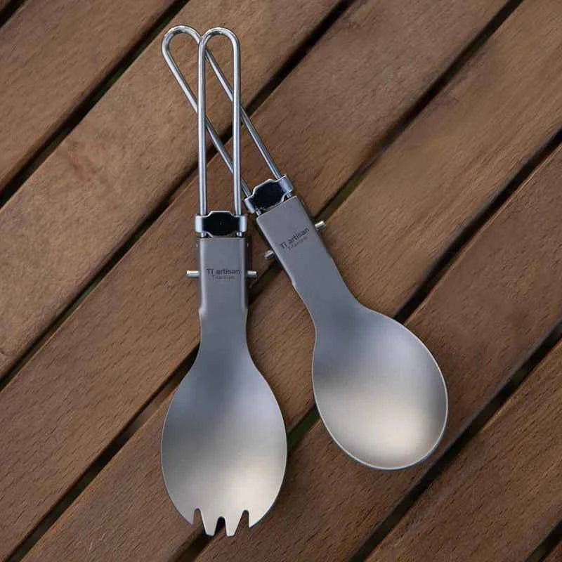 Tiartisan Titanium Foldable Cutlery Set - Portable Fork Spoon Knife for Outdoor Camping Hiking
