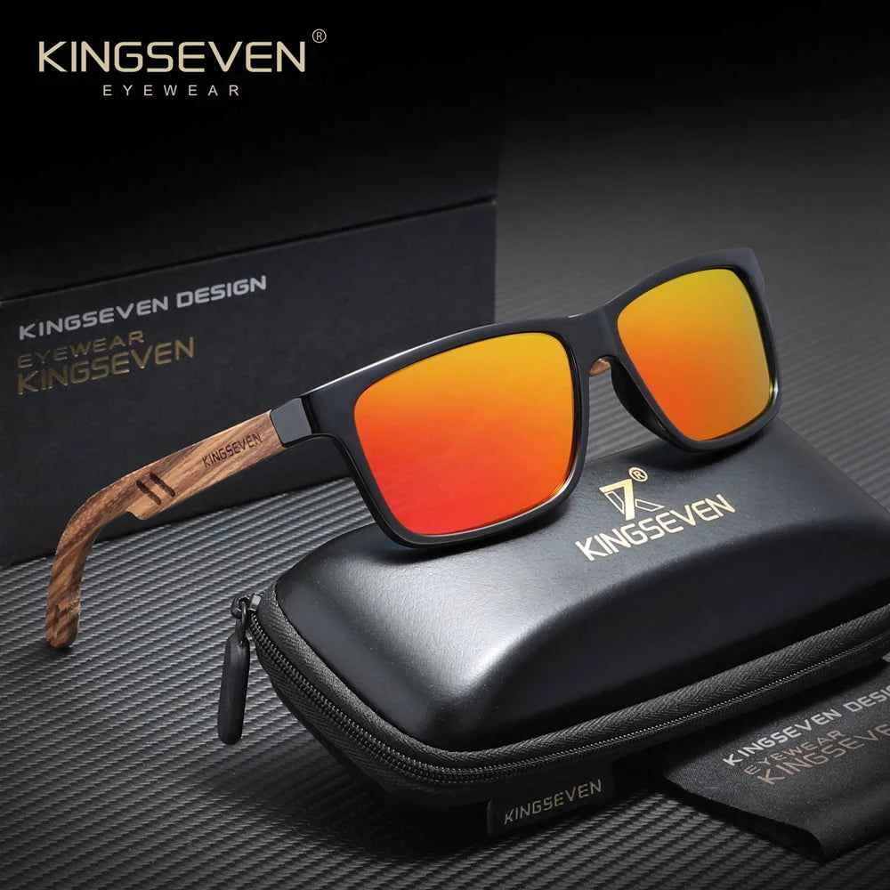 KINGSEVEN Z5508 Zebra Wood Polarized Rectangle Sunglasses – Mirror UV400, Red Lens, Unisex