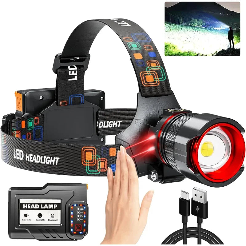 Rechargeable 1000000 Lumens Motion Sensor Zoomable Headlamp with 12 Modes IPX7 Waterproof for Camping Running Emergency