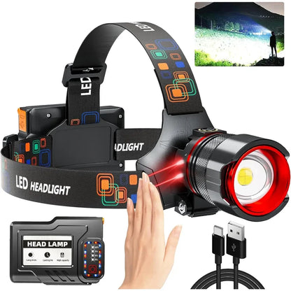 Rechargeable 1000000 Lumens Motion Sensor Zoomable Headlamp with 12 Modes IPX7 Waterproof for Camping Running Emergency