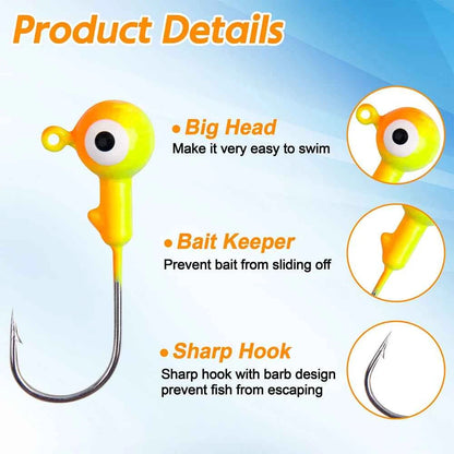 Shaddock Fishing Round Ball Head Jigs – Painted, Barbed Hook, 1/32–3/8 oz, 40 Pcs