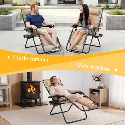 Zero Gravity Recliner Chairs Set of 2 — Portable Folding Lounge Chairs with Cup Holder Tray &amp; Headrest