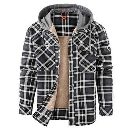 Winter Men Plaid Fleece Shirts Coats Mens Hooded Casual Shirts Man Sport Outdoor Loose Shirt Jacket Men Button Down Hoodie Shirt