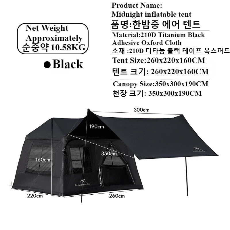 MOUNTAINHIKER Midnight Inflatable Tent – 3–5 Person | Four-Season | 1 Bedroom + Living Room | >3000mm Waterproof | Anti-UV | Black &amp; Khaki