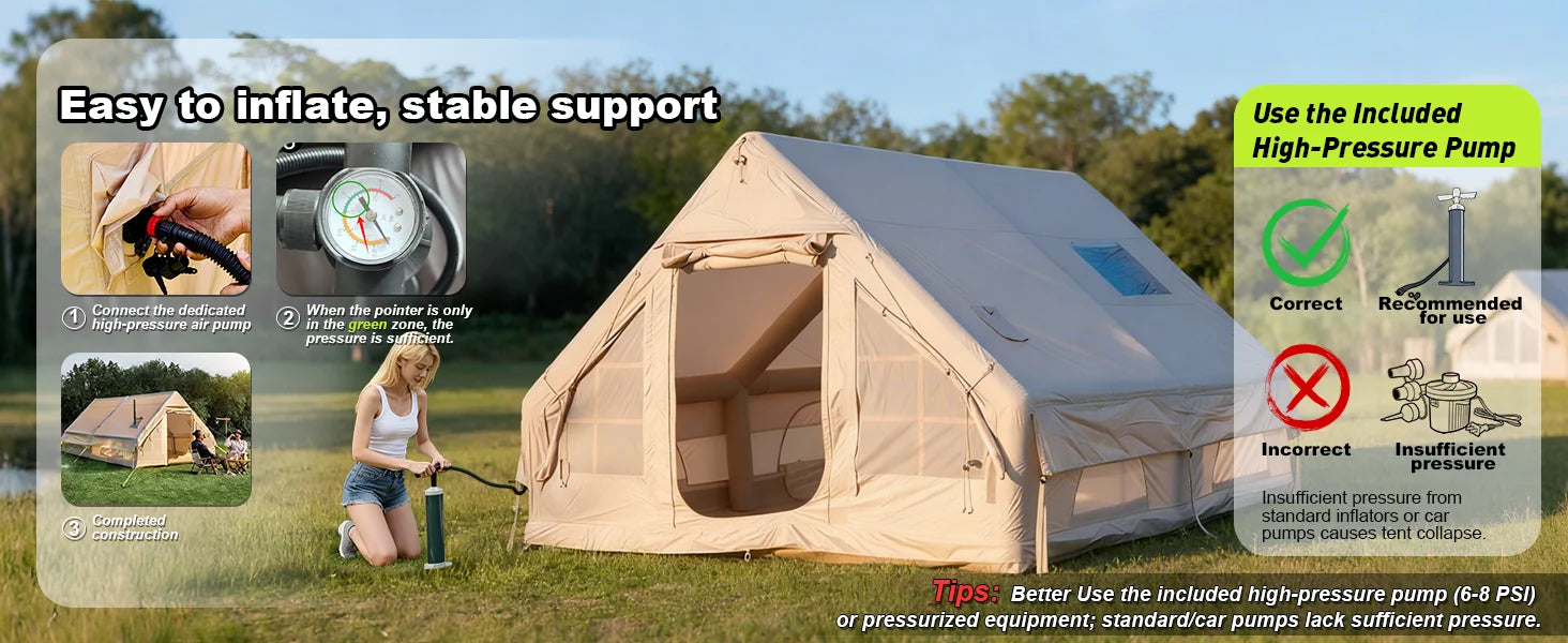 SENLEETO 6-8 Person Inflatable Camping Tent | Stove Jack, AC Vent &amp; Pump Included
