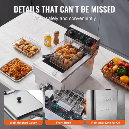 Commercial Deep Fryer Electric Countertop Fryer with Basket 11.6Qt Stainless Steel Single Oil Fryer w/Time&amp;Temp Control