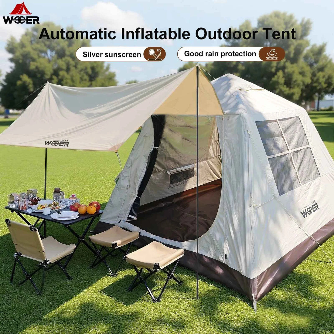 4-5 Person Inflatable Camping Tent – Auto Setup, Canvas, Sunshade for Hiking &amp; Glamping