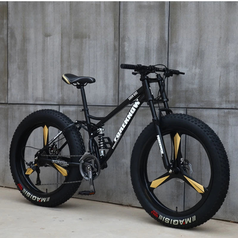 Fat Tire Mountain Bike – 4.0" Wide Tires, Soft-Tail Frame, Double Disc Brakes, 7–27 Speed, 24" or 26" Wheel, Unisex