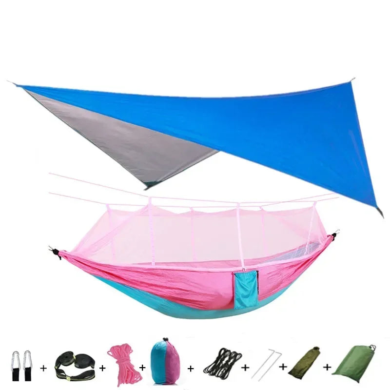 Double Camping Hammock with Mosquito Net, Rain Fly &amp; Tree Straps – 2 Person | 210T Nylon | 600 lb | 3000mm Rainfly