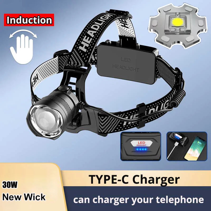 Super Powerful LED Headlamp – IR Sensor, USB-C Rechargeable, Long-Range Head Torch for Camping &amp; Fishing