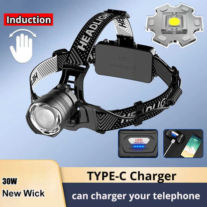 Super Powerful LED Headlamp – IR Sensor, USB-C Rechargeable, Long-Range Head Torch for Camping &amp; Fishing