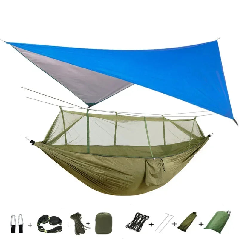 Double Camping Hammock with Mosquito Net, Rain Fly &amp; Tree Straps – 2 Person | 210T Nylon | 600 lb | 3000mm Rainfly