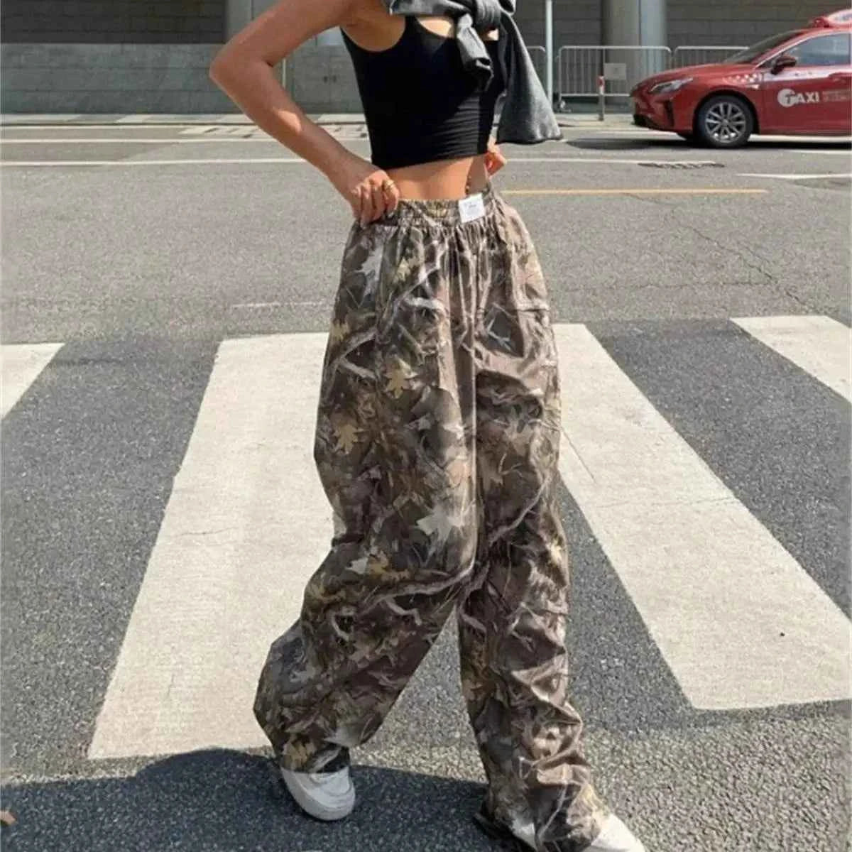 Y2K Oversized Hip Hop Baggy Pants Fashion Women Drawstring Pocket Branch Camouflage Wide Leg Pant Casual Sweatpants Cargo Trouser
