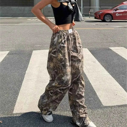 Y2K Oversized Hip Hop Baggy Pants Fashion Women Drawstring Pocket Branch Camouflage Wide Leg Pant Casual Sweatpants Cargo Trouser