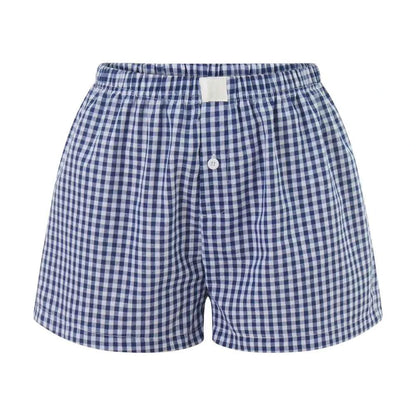 Women’s Y2K Retro Cleanfit Plaid Print Elastic Low Waist Button Front Aesthetic Loungewear Loose Shorts Boxers Streetwear