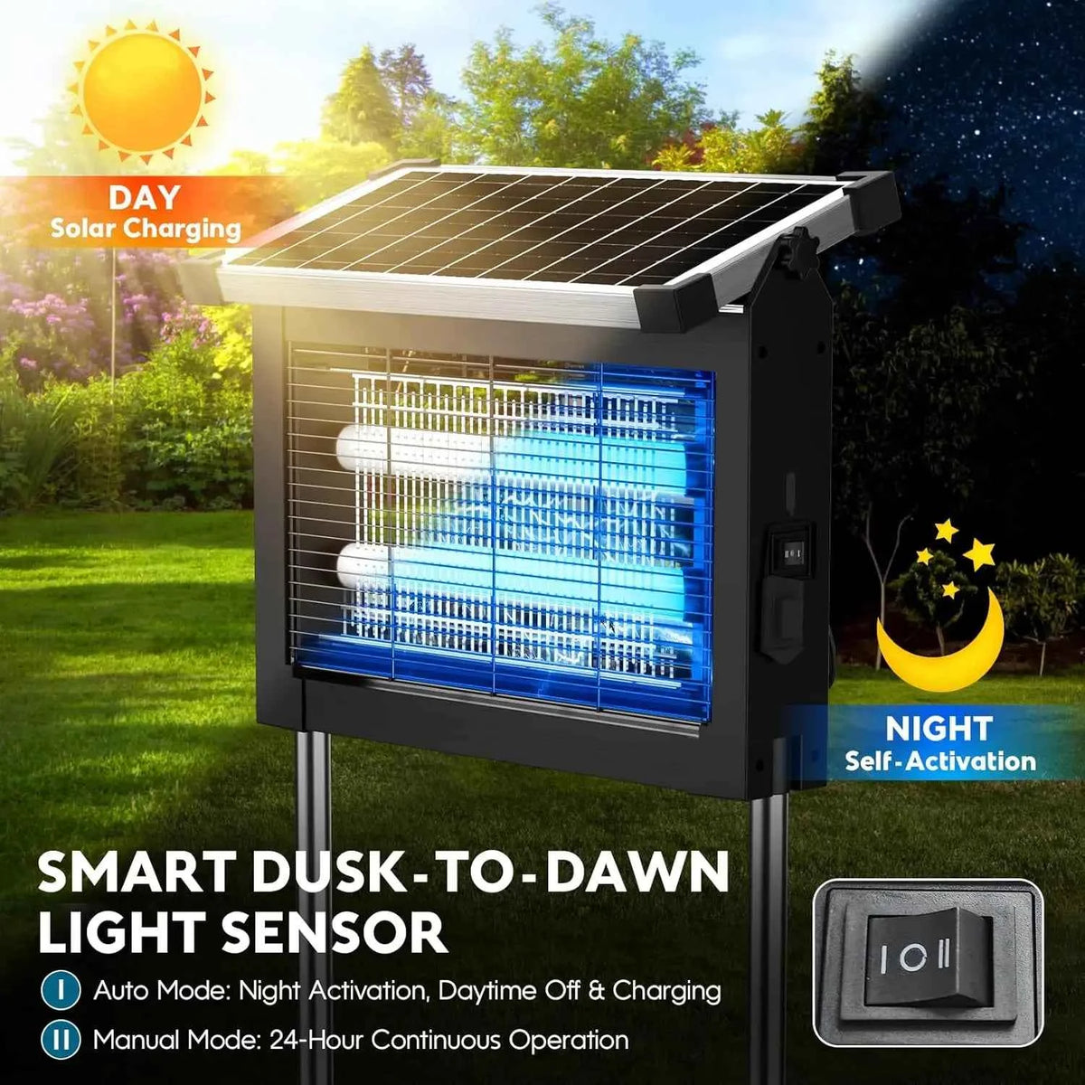 Solar Bug Zapper – 4500V Electric Mosquito Zapper with Panel Sensor, Waterproof, for Garden, Patio &amp; Camping