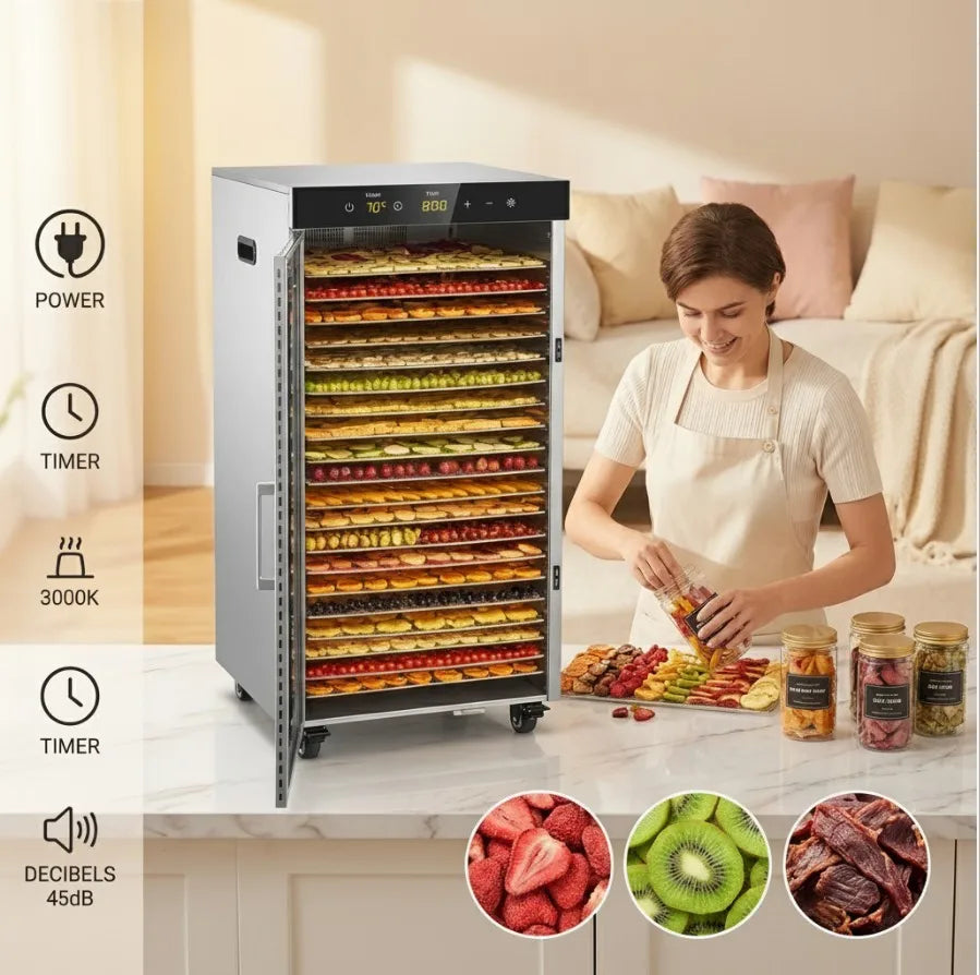 2000W Commercial Food Dehydrator 20 Trays Stainless Steel Jerky Maker 110V 220V Meat Fruit Dryer Machine 30-90℃ Pet Treat