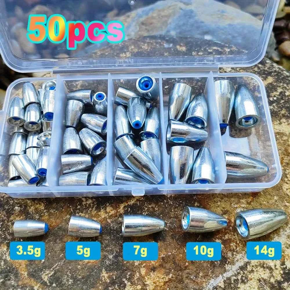 50pcs Carbon Steel Fishing Sinkers 3.5g 5g 7g 10g 14g Bullet head Fishing Weights Fishing Accessories for Bass Sea Fishing