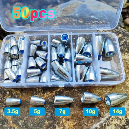 50pcs Carbon Steel Fishing Sinkers 3.5g 5g 7g 10g 14g Bullet head Fishing Weights Fishing Accessories for Bass Sea Fishing