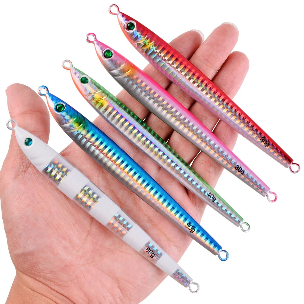 5-Piece Deep Sea Metal Jig Set – Fast-Sinking Slow Jig Spoon Lures | 60g, 80g &amp; 100g | Ocean &amp; Freshwater