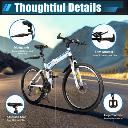 26" Folding Mountain Bike 21-Speed Dual Disc Brakes Men&