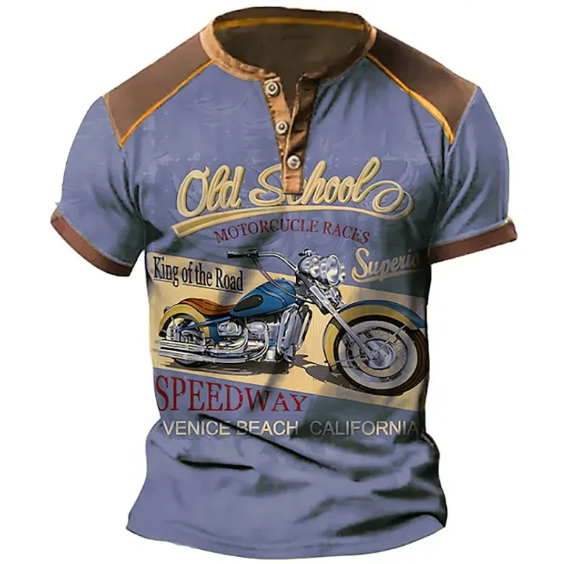 Summer Vintage Henley Shirts Motorcycle 3D Print Men&