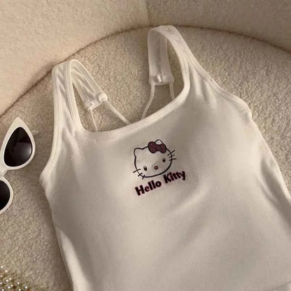 Summer Cute Girly Style HelloKitty Printed Suspender Vest with Chest Pad Slim Pinch Waist Versatile Vintage Top