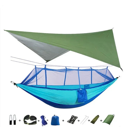 Double Camping Hammock with Mosquito Net, Rain Fly &amp; Tree Straps – 2 Person | 210T Nylon | 600 lb | 3000mm Rainfly