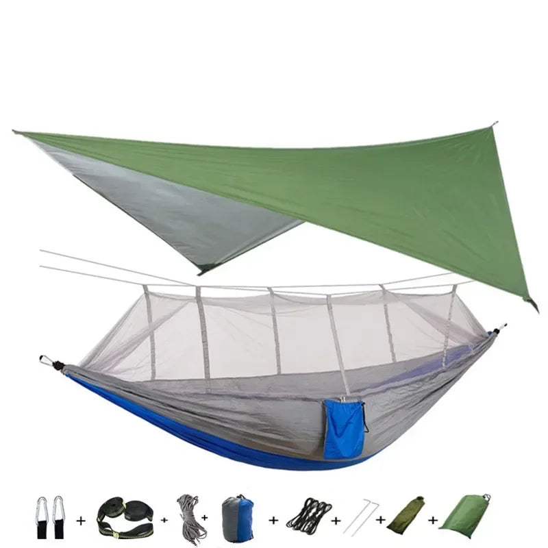 Double Camping Hammock with Mosquito Net, Rain Fly &amp; Tree Straps – 2 Person | 210T Nylon | 600 lb | 3000mm Rainfly