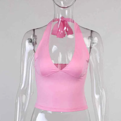Summer Halter Camisole Tank Top Women V-Neck Sexy Tanks Camis Skinny Backless Pink Corset Tee Shirt Femme Tops WomanT-shirt