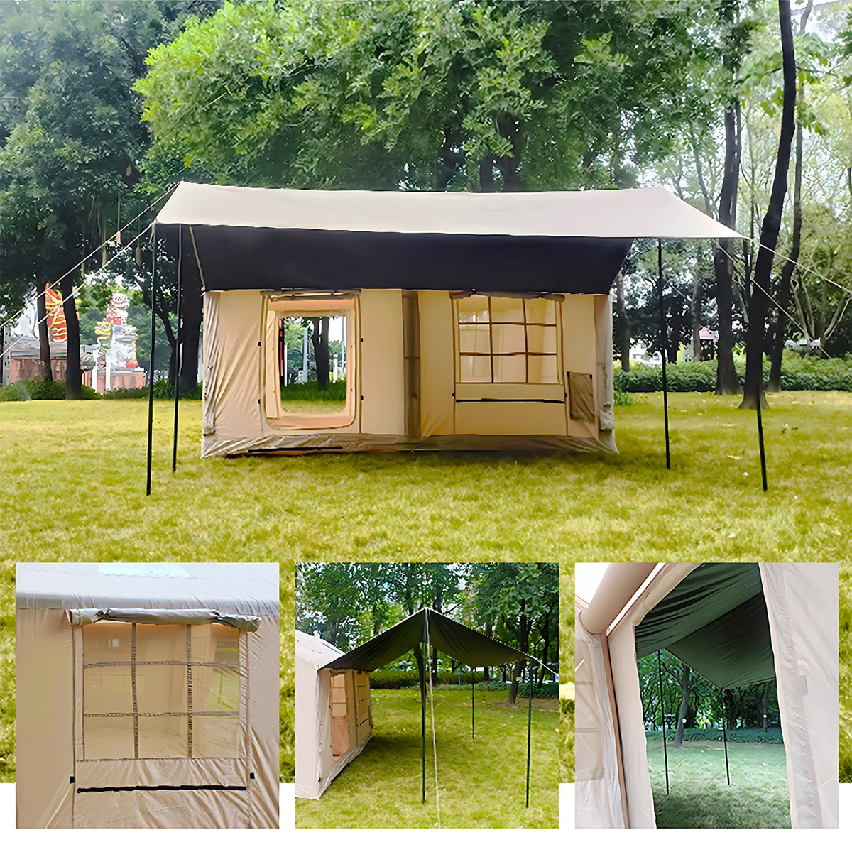SENLEETO Inflatable Camping Tent – 6-8 Person, 129 sq ft with Canopy, Stove Jack &amp; Pump