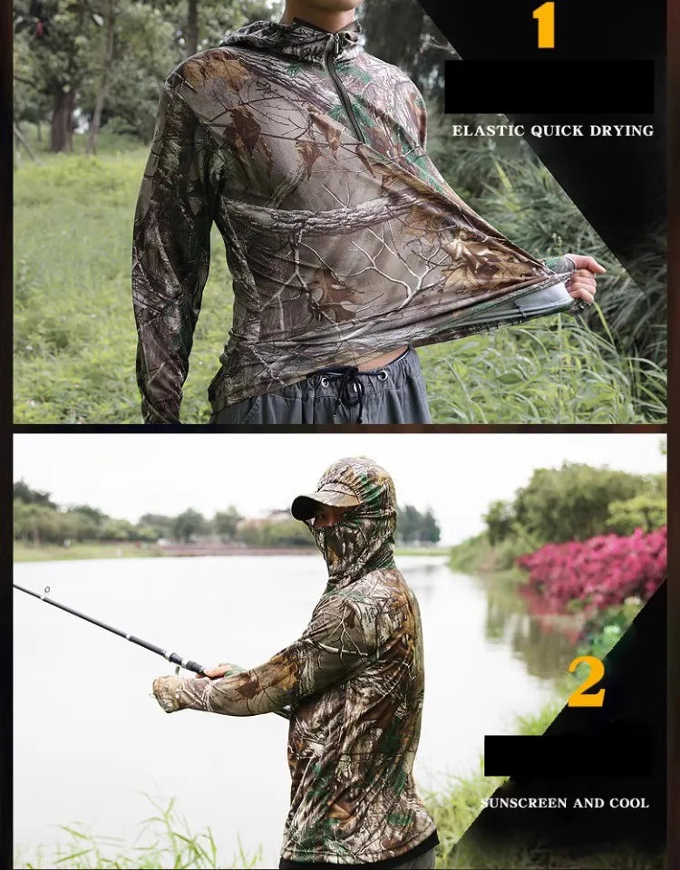 NANFOO Tree Camo Sun Protection Fishing Jacket – Lightweight Hooded UPF Jacket for Hunting, Fishing &amp; Hiking (M–3XL)