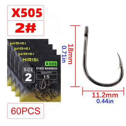 Hirisi X505 PTFE-Coated High Carbon Steel Barbed Carp Hooks – Long Shank, Sizes 