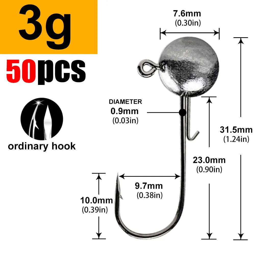 Round Ball Jig Heads – 50 Pack | Weedless Barbed Hook | 1g–20g | Bass, Crappie &amp; Trout