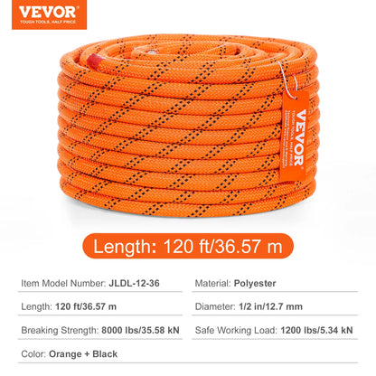 120ft Double Braid Polyester Rope – 3/8" or 1/2" 48-Strand Climbing &amp; Arborist Rope