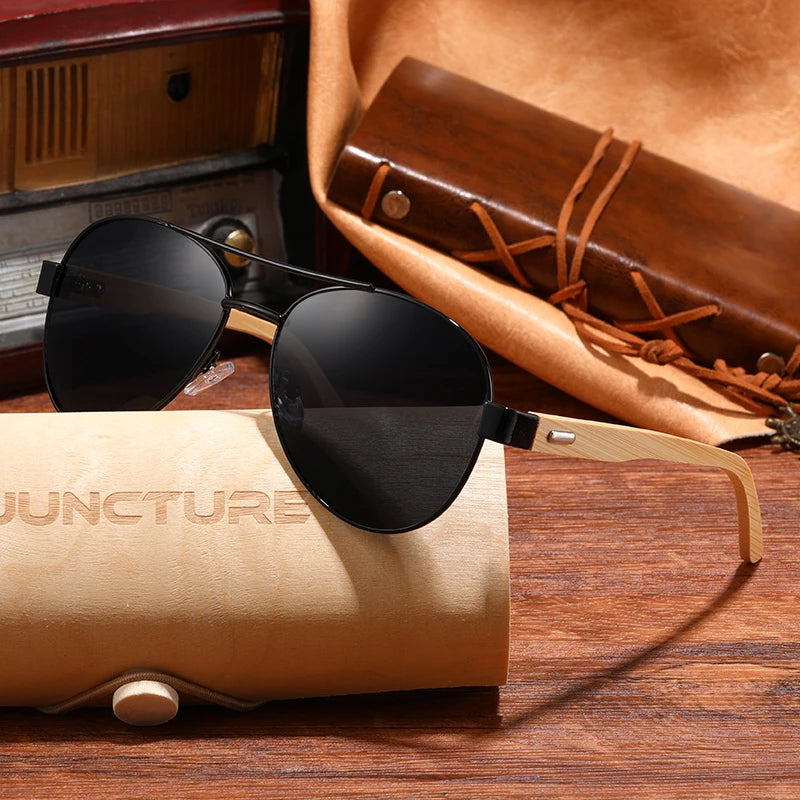 JUNCTURE KP1510 Wood &amp; Metal Pilot Sunglasses – Mirror UV400, Unisex