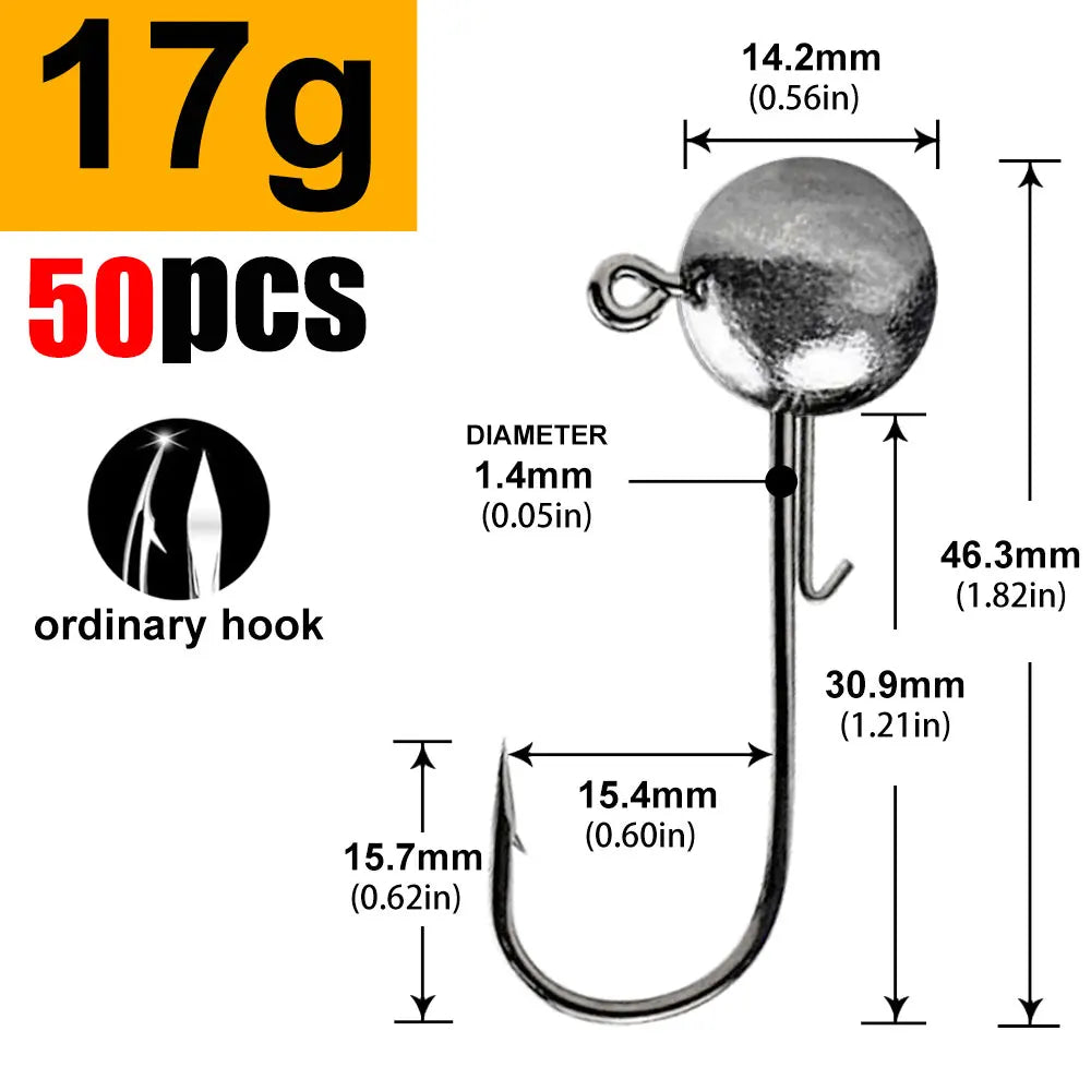 Round Ball Jig Heads – 50 Pack | Weedless Barbed Hook | 1g–20g | Bass, Crappie &amp; Trout