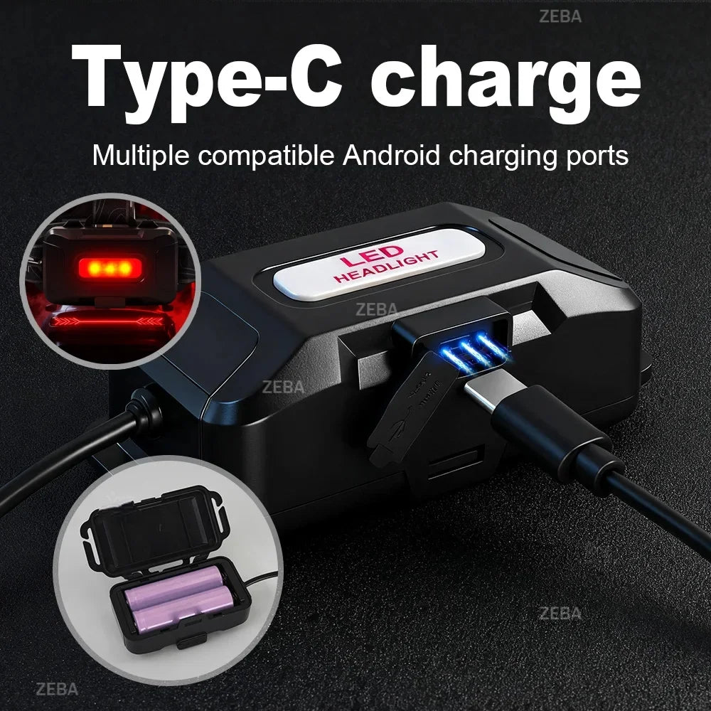 Super Bright Headlamp Dual Laser Motion Sensor Headlight 18650 USB Rechargeable Torch Yellow Light for Fog Night Running Fishing