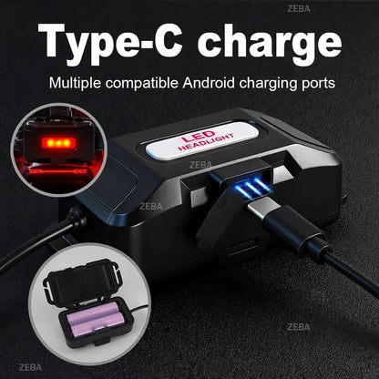 Super Bright Headlamp Dual Laser Motion Sensor Headlight 18650 USB Rechargeable Torch Yellow Light for Fog Night Running Fishing