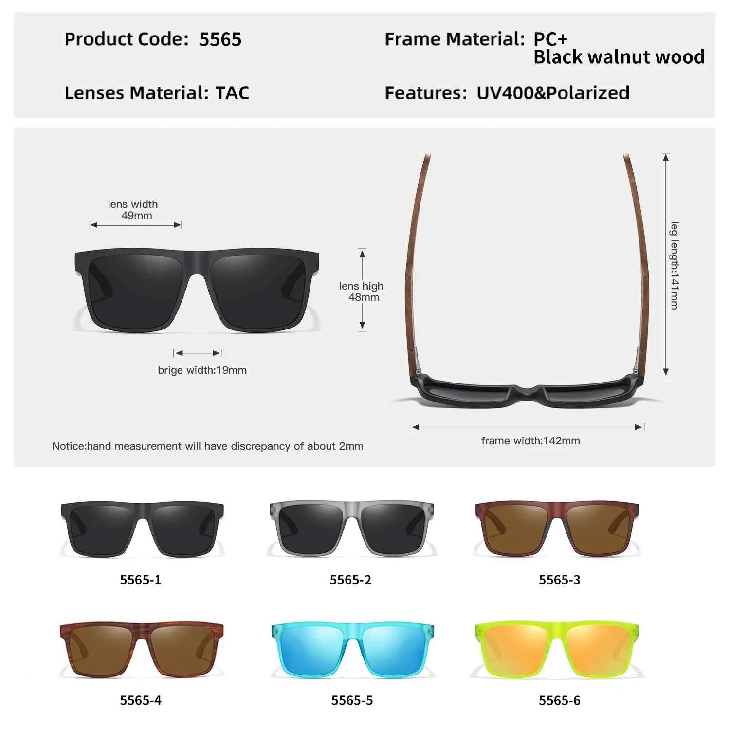 GM New Arrivals Black Wooden Polarized Sunglasses for Men Bamboo Sunglasses Red UV400 Lenses Fashion Driving Shades S5565
