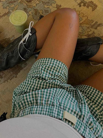 Women’s Y2K Retro Cleanfit Plaid Print Elastic Low Waist Button Front Aesthetic Loungewear Loose Shorts Boxers Streetwear