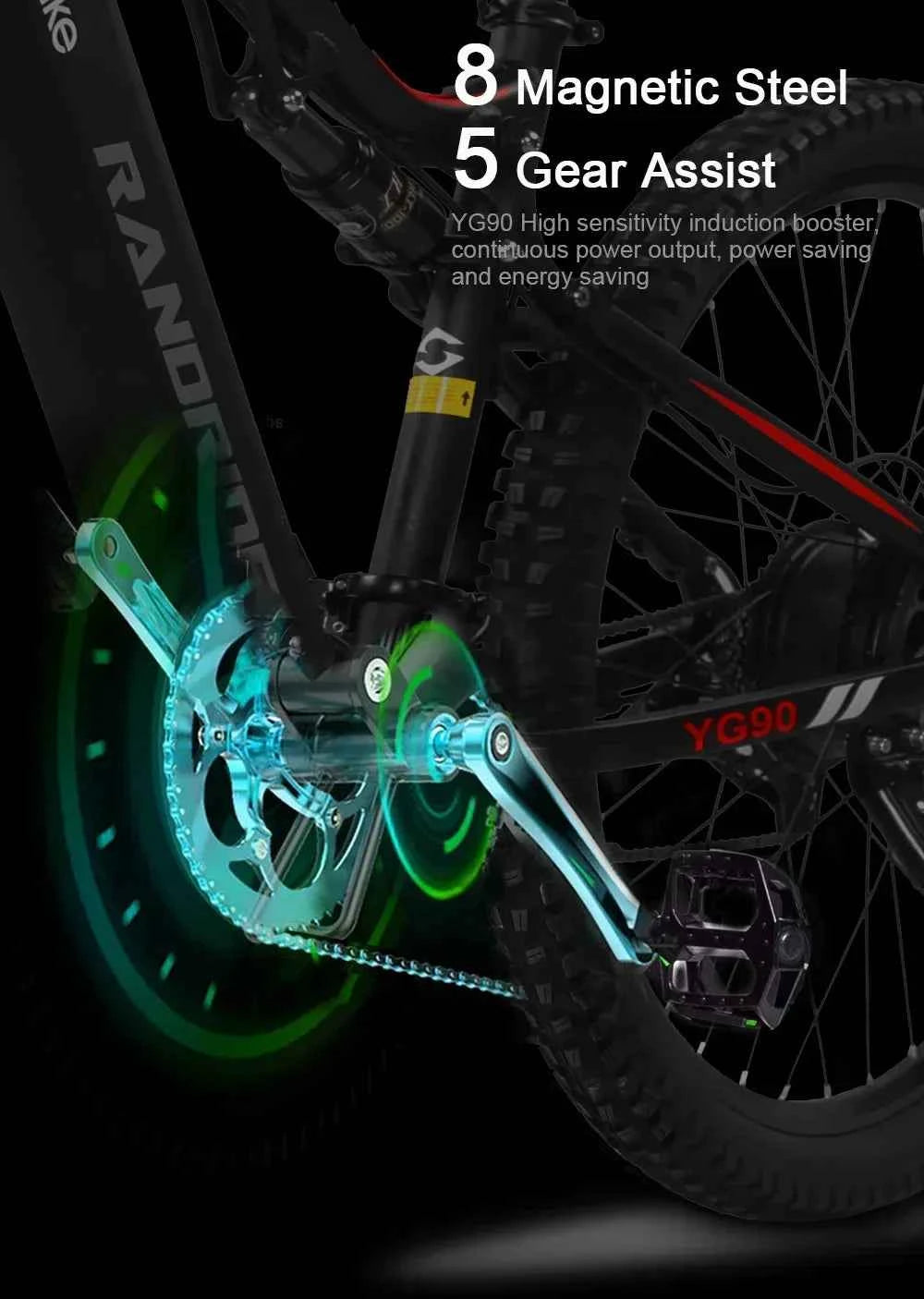 Electric Bicycle RANDRIDE YG90 1000W 48V17AH Hydraulic Brake E-bike with Full Suspension  21 Gears Shift Free Rack Electric bike